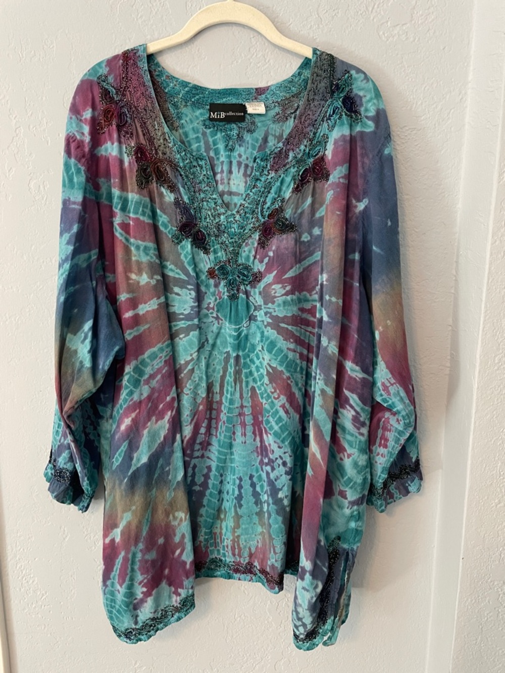 MiB Tie-Dye V-Neck Boho Tunic in Teal & Purple
